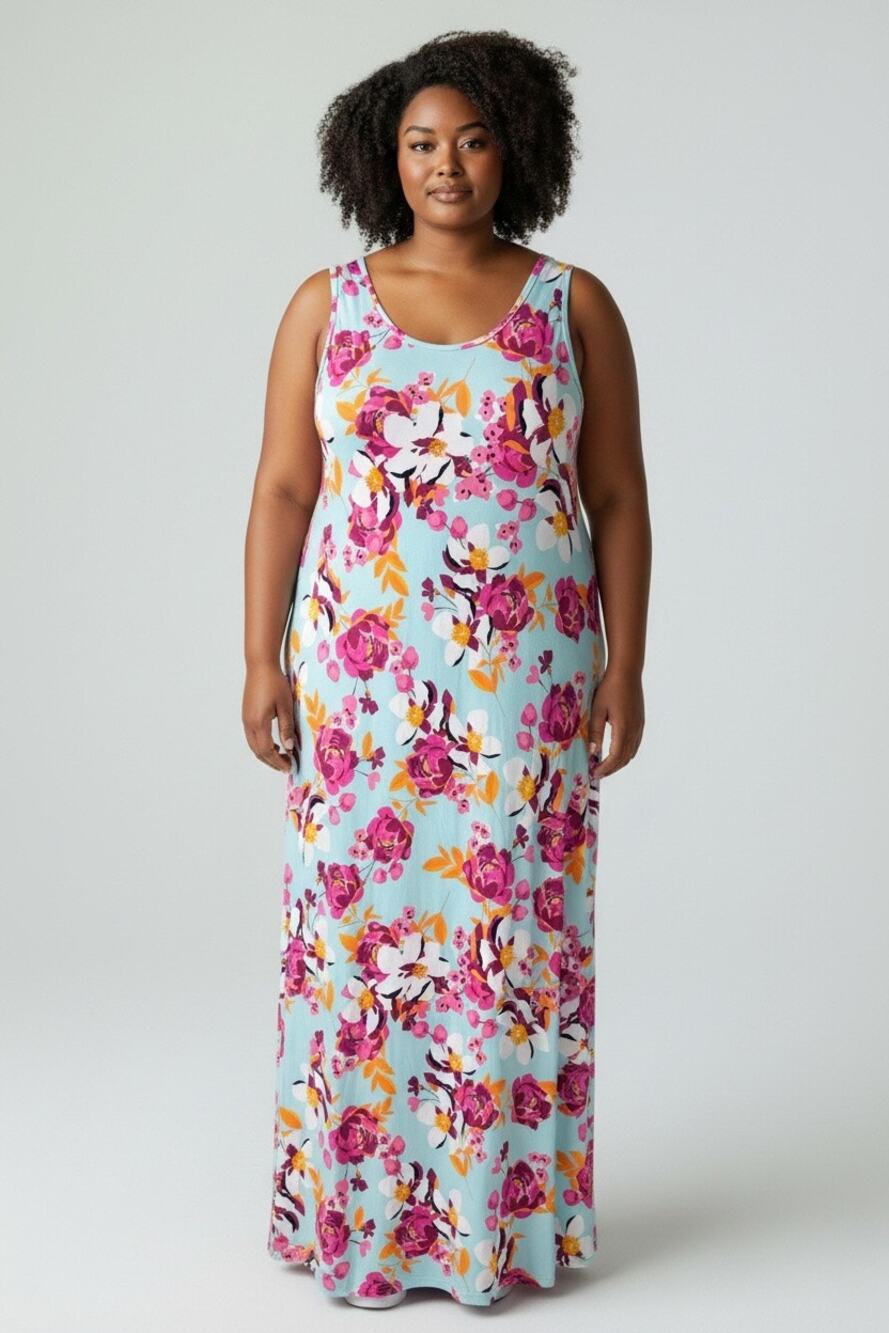 Jessica London 18W Floral Maxi Dress Mint Pink Sleeveless Stretch Vacation
